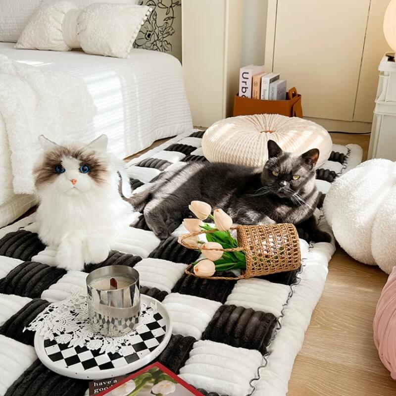 Cream-colored Large Plaid Square Fuzzy Pet Mat Bed Couch Cover