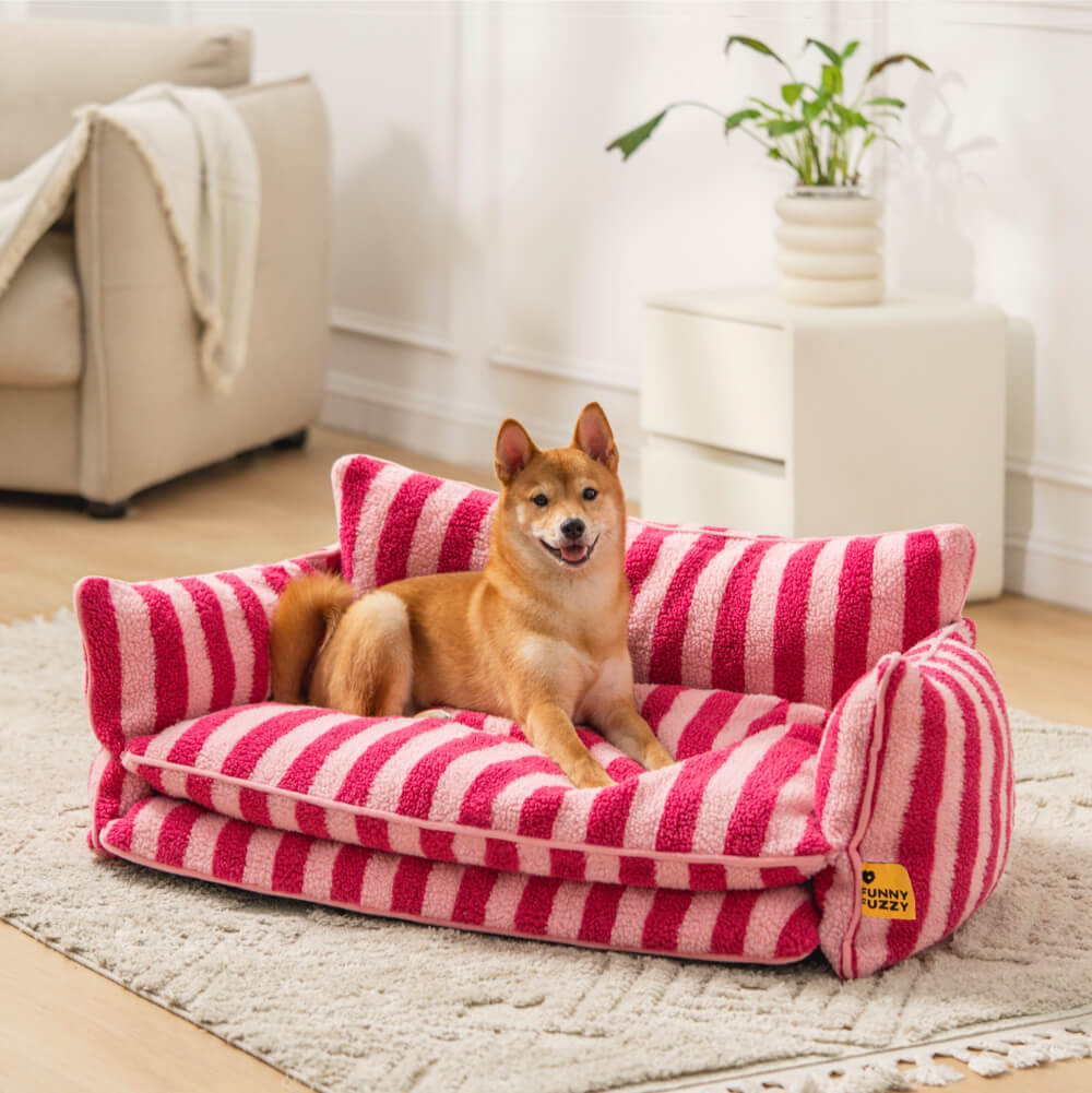 Bed Cover - Trendy Striped Faux Lambswool Double Layer Dog & Cat Sofa Bed