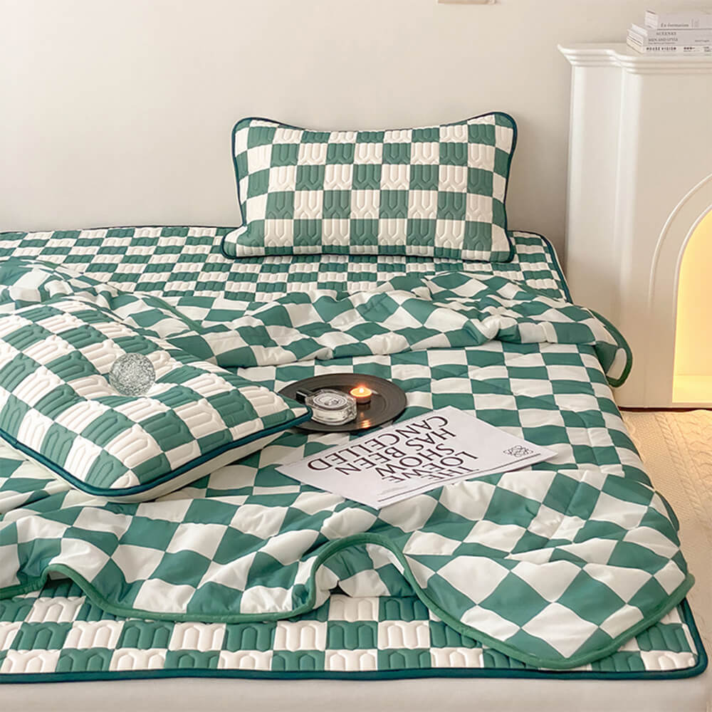 Checkerboard Latex Ice Silk Bedding Fitted Sheet Mattress Cover