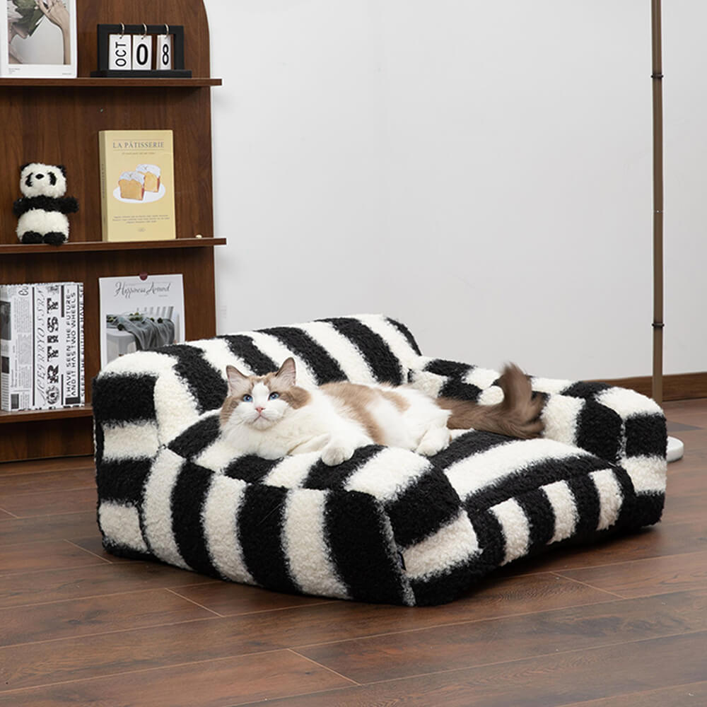 Bold Striped Faux Lambswool Wide Armrest Dog & Cat Sofa Bed