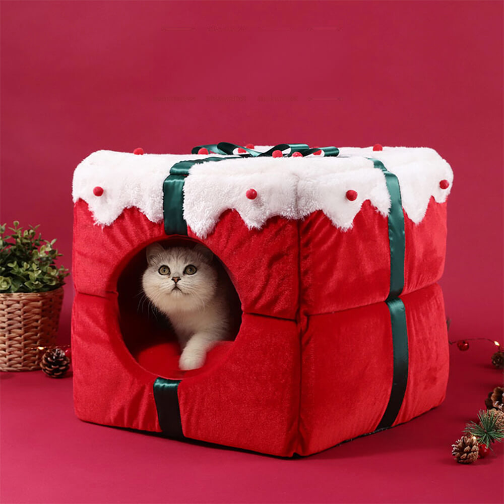 Christmas Gift Box Warm Sleeping Semi-Enclosed Cave Dog & Cat Bed