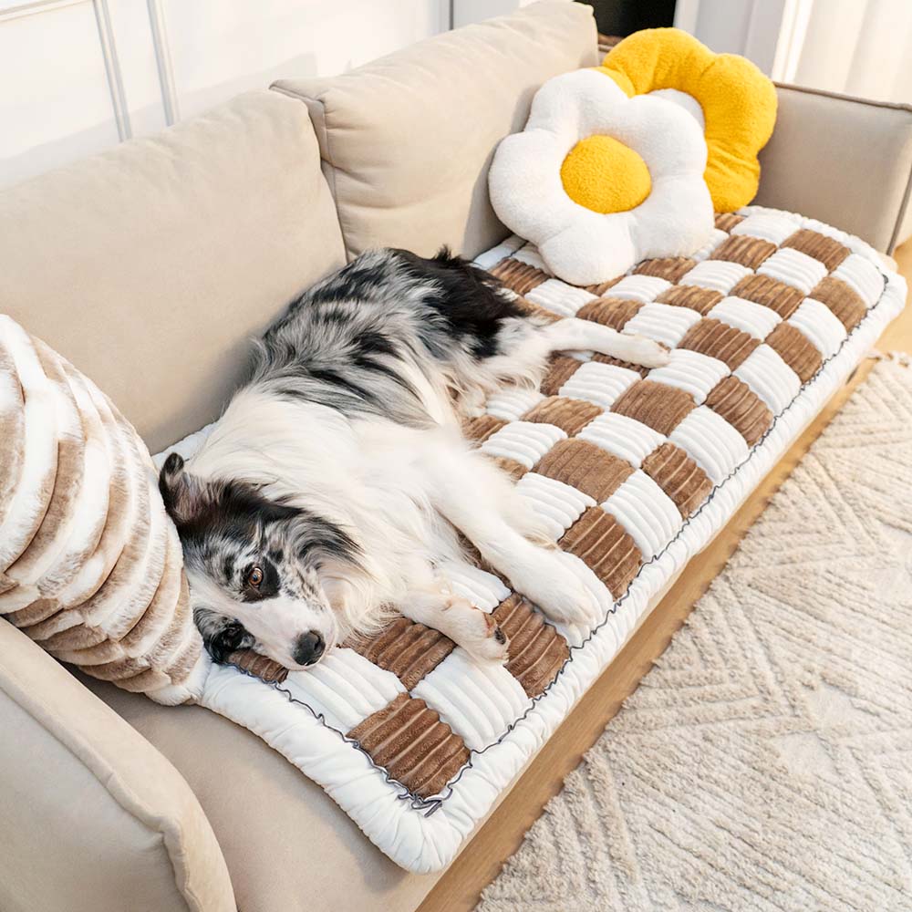 Cream-colored Large Plaid Square Fuzzy Pet Mat Bed Couch Cover