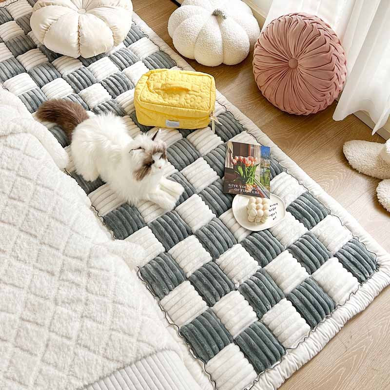 Cream-colored Large Plaid Square Fuzzy Pet Mat Bed Couch Cover